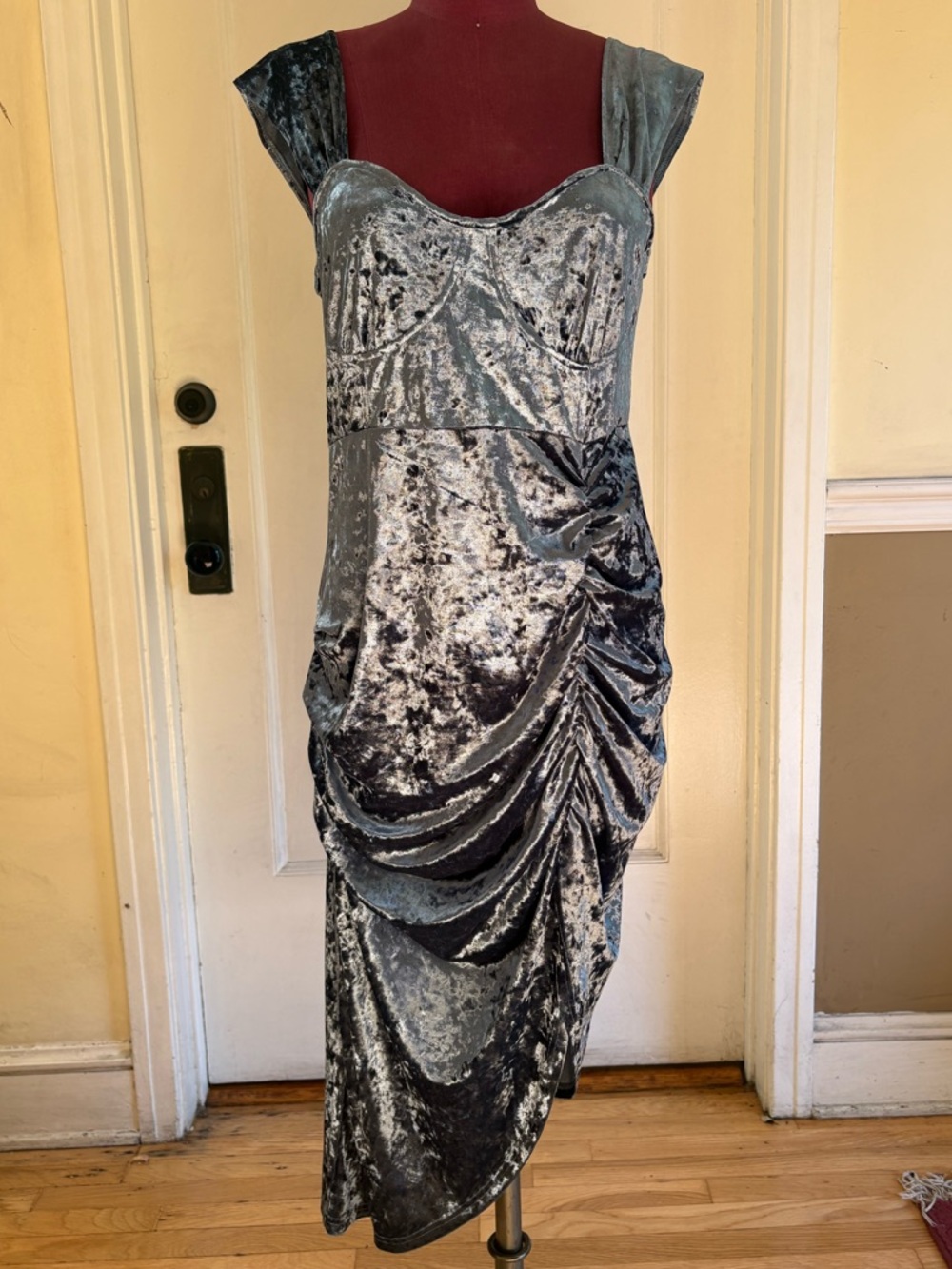 Cider Crushed Velvet dark teal Ruched Midi Dress